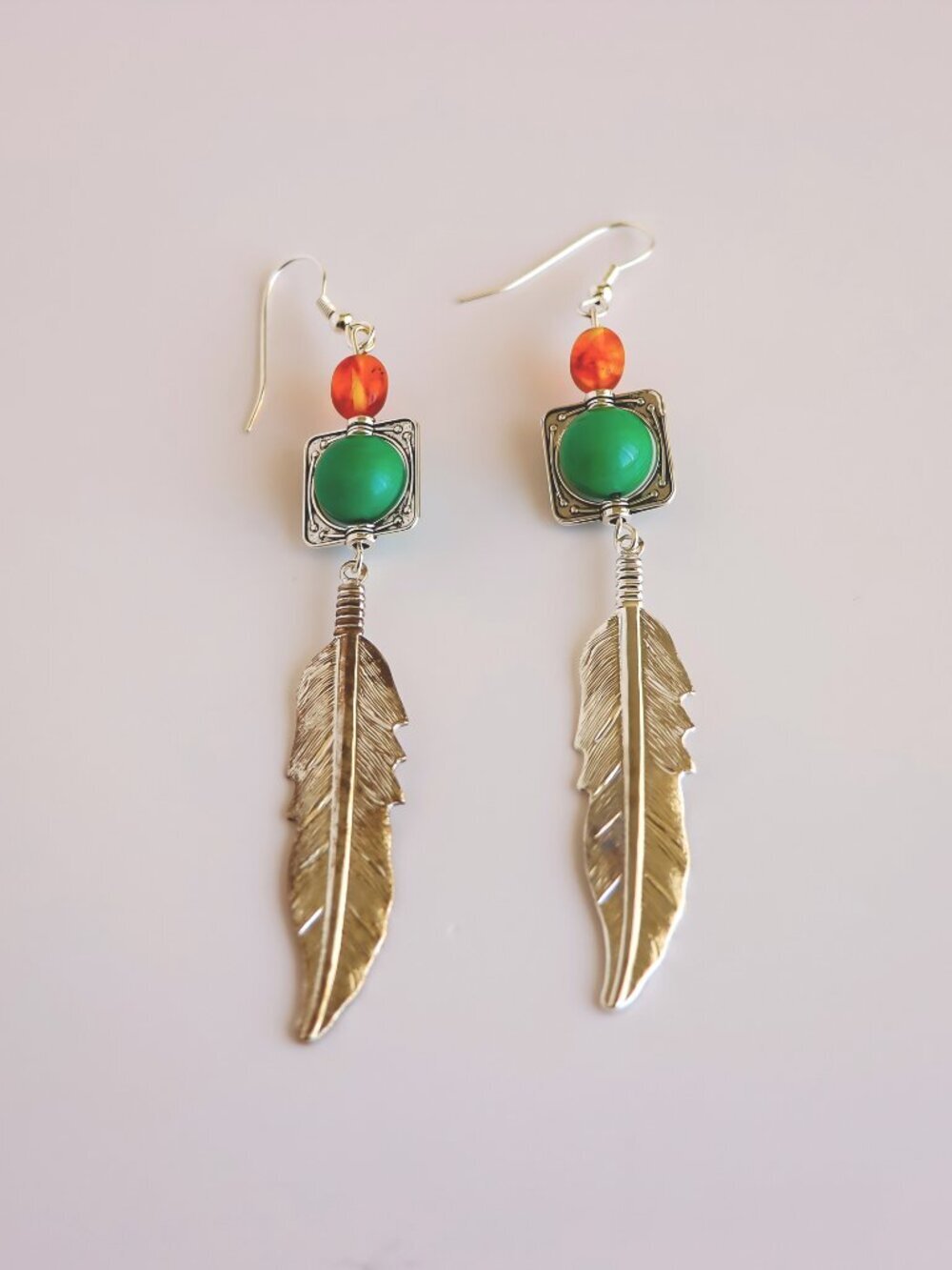 Silver Feather Drop Earrings with Turquoise and Baltic Amber